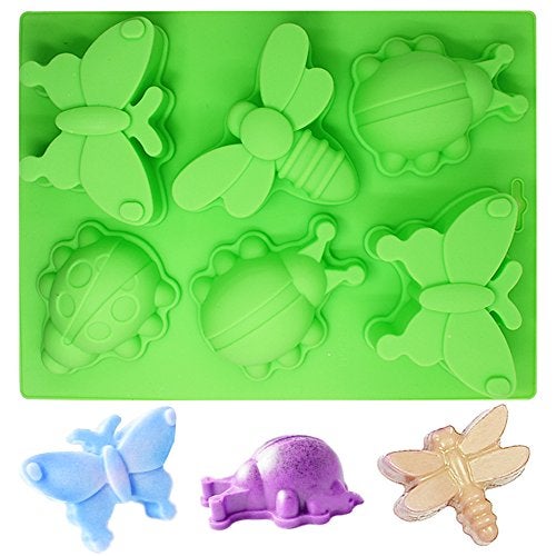 SENHAI 2 Pcs Insect shape Silicone Trays, SENHAI 6-Cavity 3D Dragonfly Butterfly Ladybug shape Cake Baking Molds, DIY Soap Handmade Muffin Biscuit Cookie Pans - Orange, Green - Image 3