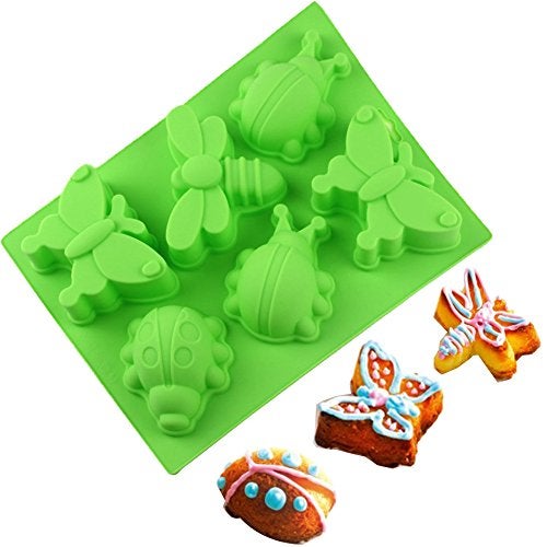 SENHAI 2 Pcs Insect shape Silicone Trays, SENHAI 6-Cavity 3D Dragonfly Butterfly Ladybug shape Cake Baking Molds, DIY Soap Handmade Muffin Biscuit Cookie Pans - Orange, Green - Image 4