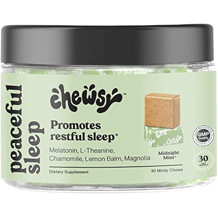 Chewsy Peaceful Sleep Chews, Sleep Support, 3 mg Melatonin, 200 MGS L-Theanine, Chamomile, Lemon Balm, Magnolia, Nighttime Sleep Aid, Naturally Minty Chews, Promotes restful Sleep, 30-Day Supply (1) - Image 1