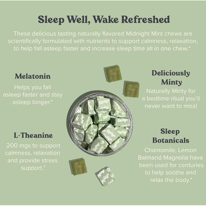 Chewsy Peaceful Sleep Chews, Sleep Support, 3 mg Melatonin, 200 MGS L-Theanine, Chamomile, Lemon Balm, Magnolia, Nighttime Sleep Aid, Naturally Minty Chews, Promotes restful Sleep, 30-Day Supply (1) - Image 3