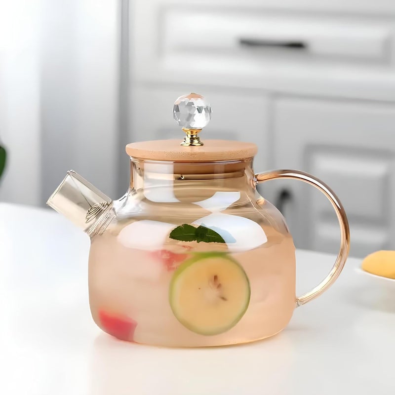 Jinelza Wooden Lid with Diamond Glass Tea Pot Gold Kettle Coffee Jug for Juice, Black Tea, Green Tea, Juice, Water and Serve Everything Glass Tea Pot with Infuser,Microwave Safe 1200ML 1 PCS - Image 1
