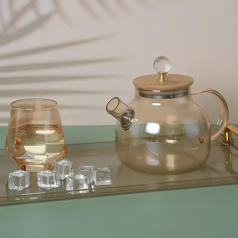 Jinelza Wooden Lid with Diamond Glass Tea Pot Gold Kettle Coffee Jug for Juice, Black Tea, Green Tea, Juice, Water and Serve Everything Glass Tea Pot with Infuser,Microwave Safe 1200ML 1 PCS - Image 4