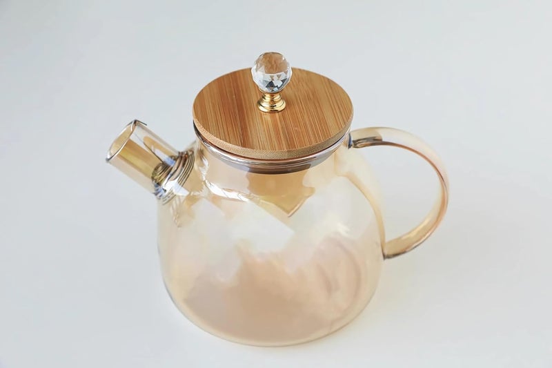 Jinelza Wooden Lid with Diamond Glass Tea Pot Gold Kettle Coffee Jug for Juice, Black Tea, Green Tea, Juice, Water and Serve Everything Glass Tea Pot with Infuser,Microwave Safe 1200ML 1 PCS - Image 2