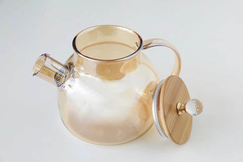 Jinelza Wooden Lid with Diamond Glass Tea Pot Gold Kettle Coffee Jug for Juice, Black Tea, Green Tea, Juice, Water and Serve Everything Glass Tea Pot with Infuser,Microwave Safe 1200ML 1 PCS - Image 3