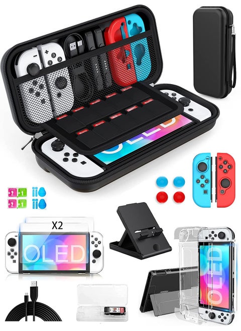 13 IN 1 Carrying Case Accessories For Nintendo Switch OLED Model Include Screen Protector, Protective Cover Case, Data Cable, Kickstand, Thumb Grip Caps