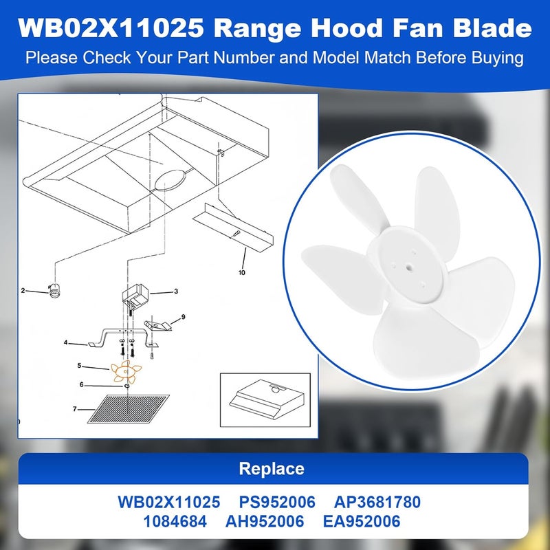 MTZUL WB02X11025 Range Hood Fan Blade Replacement Compatible with GE JV348L2SS AV447FWS RN328H1SA. WB02X11025 Fan Blade Replace PS952006 AP3681780 AH952006 Range Hood Fan - Image 3