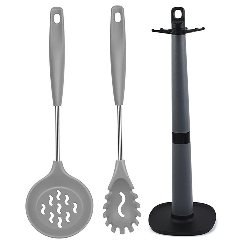 FS COOL FS COOL Silicone Spaghetti Fork Pasta Spoon Skimmer Spoon for Frying Slotted Spoon Cooking Spoon Set for Kitchen Spatula Stand Utensil Holder for Kitchen Pasta Server Set of 3 Grey  - Image 1