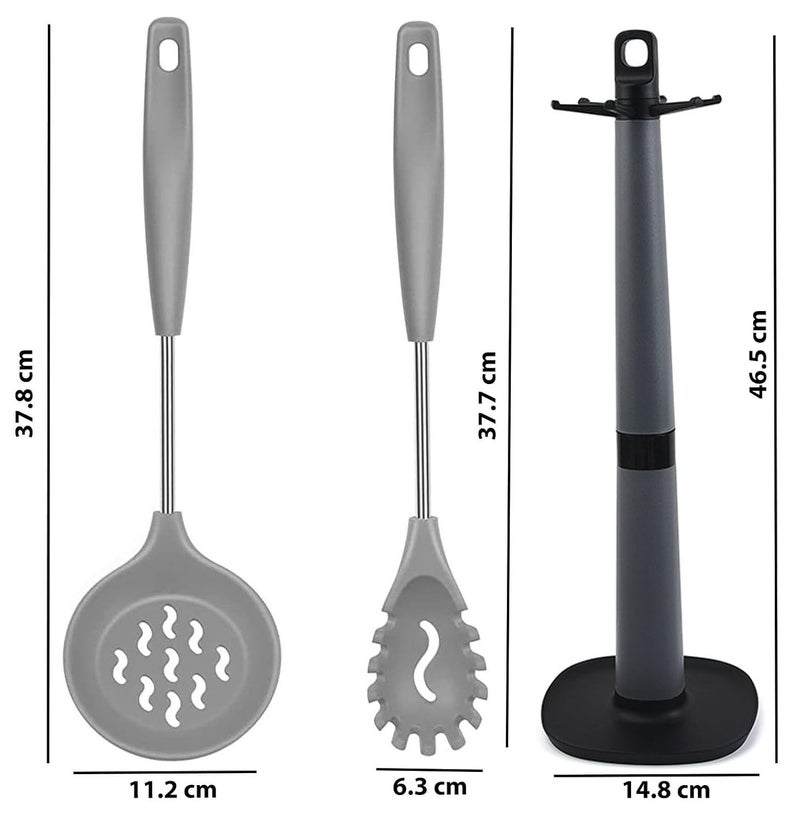FS COOL FS COOL Silicone Spaghetti Fork Pasta Spoon Skimmer Spoon for Frying Slotted Spoon Cooking Spoon Set for Kitchen Spatula Stand Utensil Holder for Kitchen Pasta Server Set of 3 Grey  - Image 2
