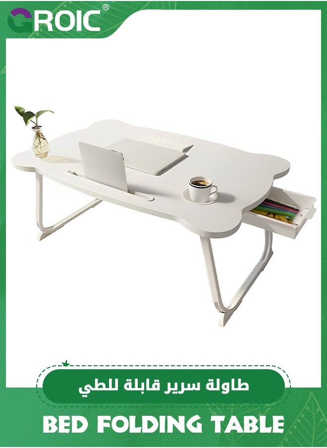 GROIC - Bed Folding Tables, Portable Laptop Stand Bed Desk with Drawers, Tray and Cup Holder, Laptop Desk Lap Desk, Foldable Legs Reading Holder Notebook Stand for Working on Bed/Sofa Couch - White - Image 1