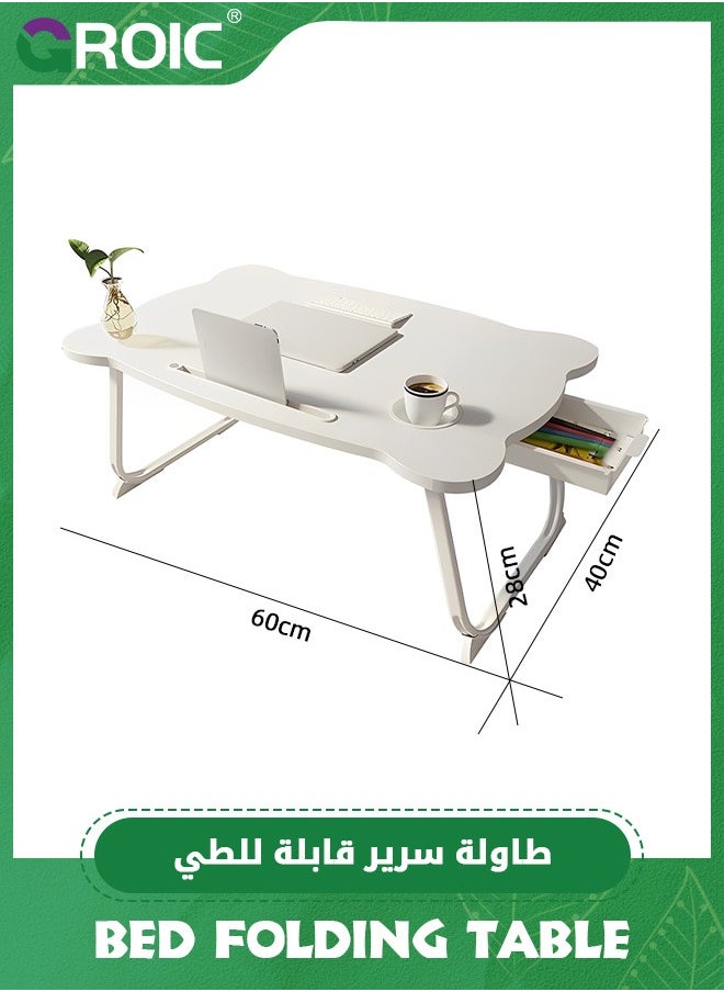 GROIC - Bed Folding Tables, Portable Laptop Stand Bed Desk with Drawers, Tray and Cup Holder, Laptop Desk Lap Desk, Foldable Legs Reading Holder Notebook Stand for Working on Bed/Sofa Couch - White - Image 1