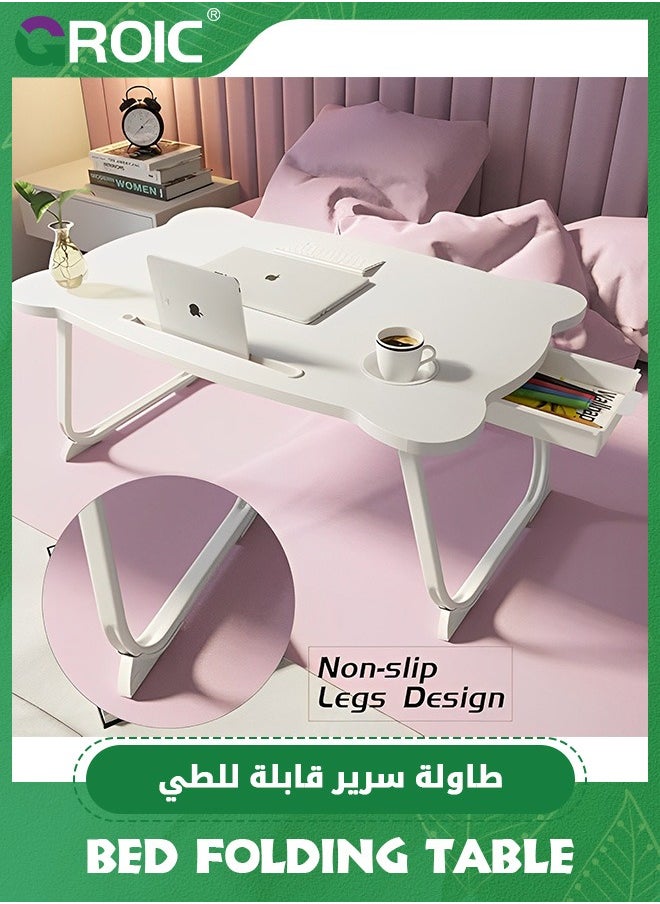 GROIC - Bed Folding Tables, Portable Laptop Stand Bed Desk with Drawers, Tray and Cup Holder, Laptop Desk Lap Desk, Foldable Legs Reading Holder Notebook Stand for Working on Bed/Sofa Couch - White - Image 1