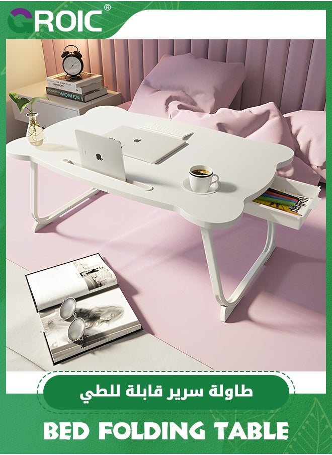 GROIC - Bed Folding Tables, Portable Laptop Stand Bed Desk with Drawers, Tray and Cup Holder, Laptop Desk Lap Desk, Foldable Legs Reading Holder Notebook Stand for Working on Bed/Sofa Couch - White - Image 1