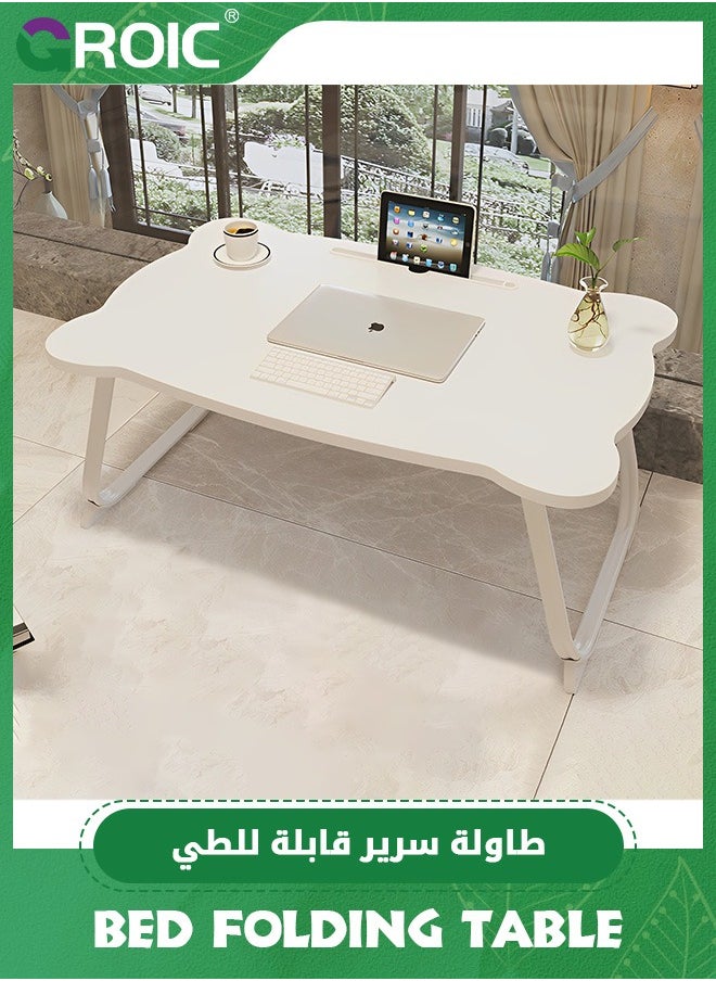 GROIC - Bed Folding Tables, Portable Laptop Stand Bed Desk with Drawers, Tray and Cup Holder, Laptop Desk Lap Desk, Foldable Legs Reading Holder Notebook Stand for Working on Bed/Sofa Couch - White - Image 1