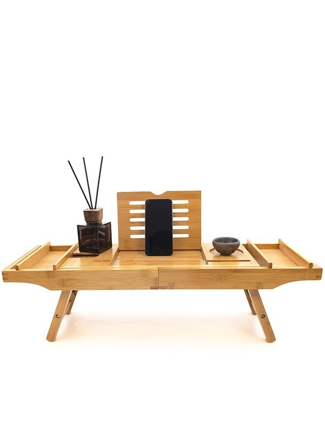 Home Care Home Care Bamboo Bathtub Tray – Adjustable & Expandable with Book, Tablet Holder, and Wine Glass Slot (Brown)  - Image 1