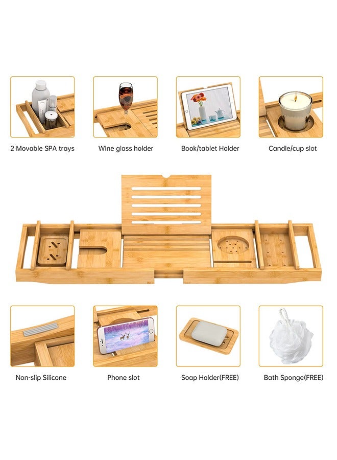 Home Care Home Care Bamboo Bathtub Tray – Adjustable & Expandable with Book, Tablet Holder, and Wine Glass Slot (Brown)  - Image 3