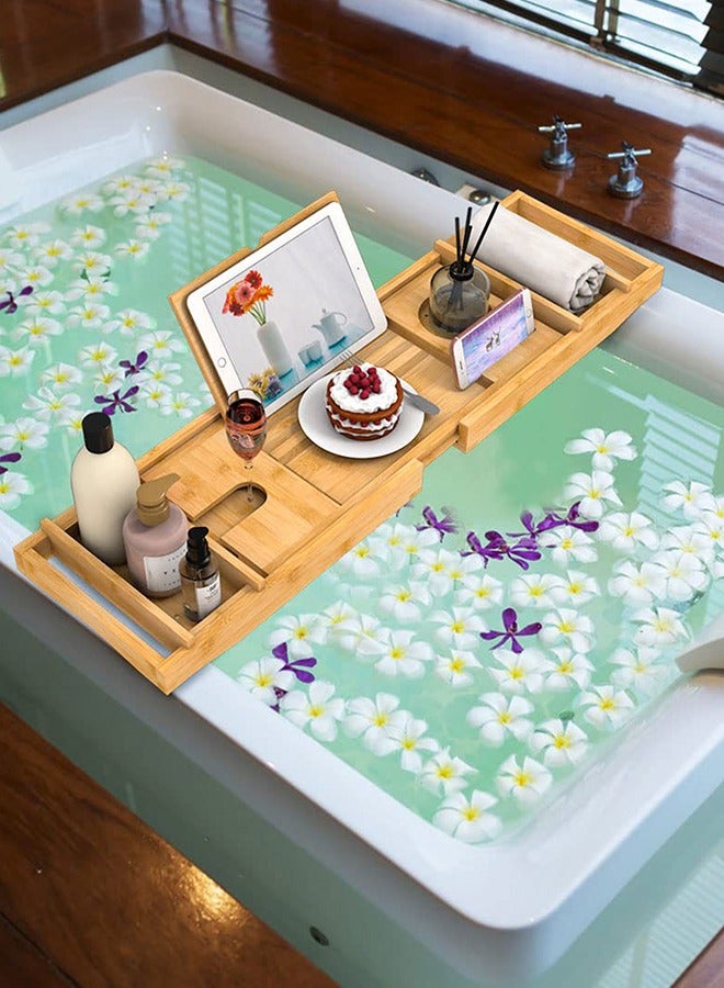 Home Care Home Care Bamboo Bathtub Tray – Adjustable & Expandable with Book, Tablet Holder, and Wine Glass Slot (Brown)  - Image 2