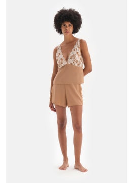 dagi Brown Velvet Ribbon Detailed Lace Garnish Woven Shorts  - Image 1