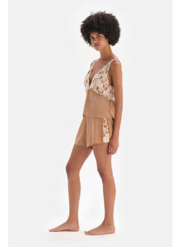 dagi Brown Velvet Ribbon Detailed Lace Garnish Woven Shorts  - Image 5