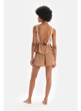 dagi Brown Velvet Ribbon Detailed Lace Garnish Woven Shorts  - Image 2