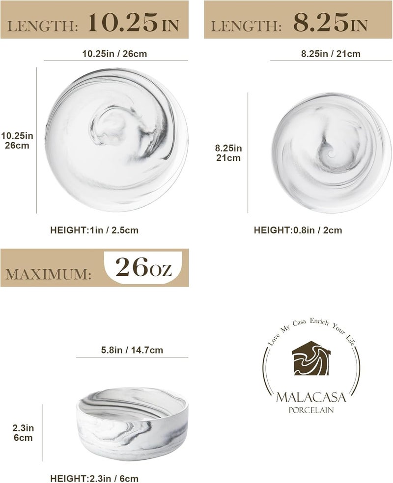 MALACASA Plates and Bowls Sets 12 Pieces Porcelain Dinnerware Sets Dishware Sets Chip Resistant Ceramic Dish Set Dining Dinner Ware Service for 4 Marble Grey Series LUNA - Image 2