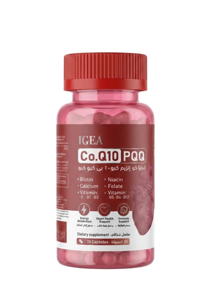 مكمل GEA Co.Q10 PQQ - 30 كبسولة - تركيبة عالية الفعالية تجمع بين الإنزيم المساعد CoQ10 (200 ملغ) وPQQ (20 ملغ) مع فيتامين C، ومجموعة فيتامينات B، والبيوتين، والكالسيوم - يدعم عمليات التمثيل الغذائي للطاقة وصحة القلب والجهاز المناعي.