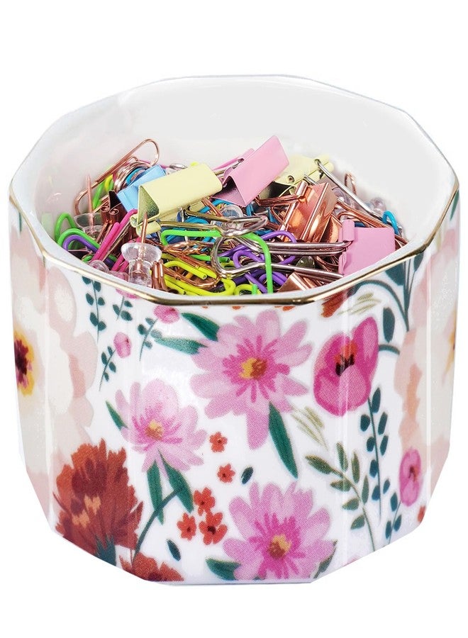 LEAZUL Ceramic Paper Clip Holder Gold Line Paper Clip Dispenser Organizer for Desk Cute Floral Pattern Office Binder Clip Holder Bobby Pin and Hair Clip Holder Gift for Office (White Pink) - Image 1