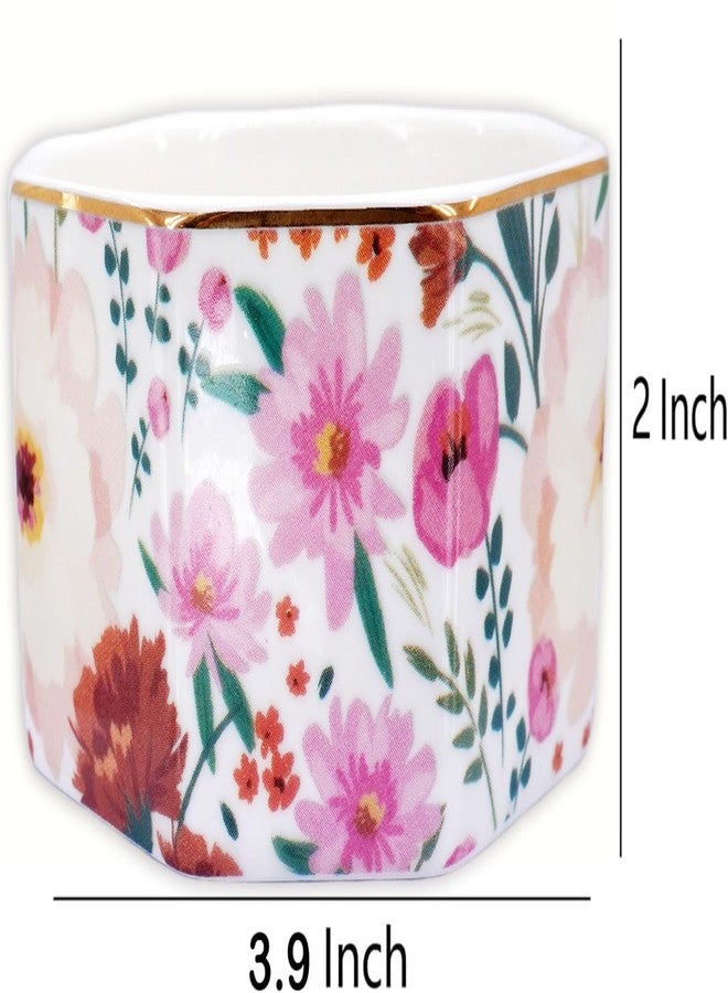 LEAZUL Ceramic Paper Clip Holder Gold Line Paper Clip Dispenser Organizer for Desk Cute Floral Pattern Office Binder Clip Holder Bobby Pin and Hair Clip Holder Gift for Office (White Pink) - Image 3