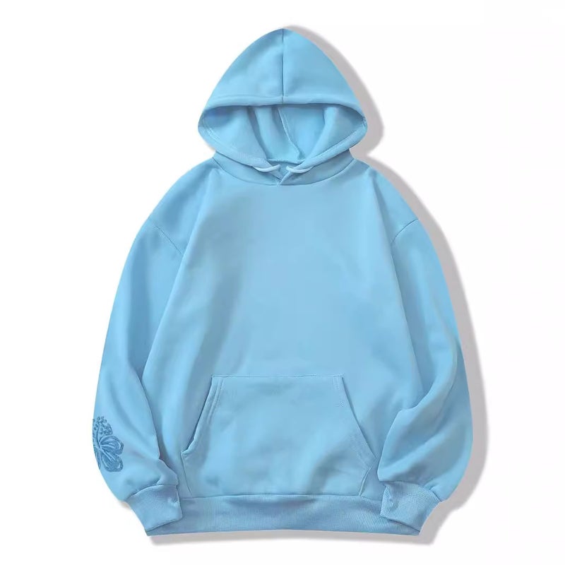 Foreign Trade Womens Fleece-lined Sweatshirt Palm Printed Kangaroo Pocket Drawstring Printed Hoodie Sky blue - Image 5