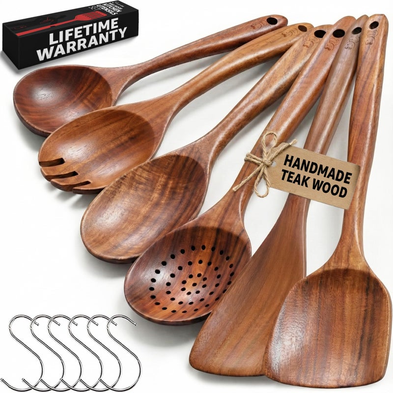 Priority Chef PriorityChef Wooden Spoons for Cooking, Premium 6pc Teak Wood Utensil Set with Hanging Hooks - Image 1