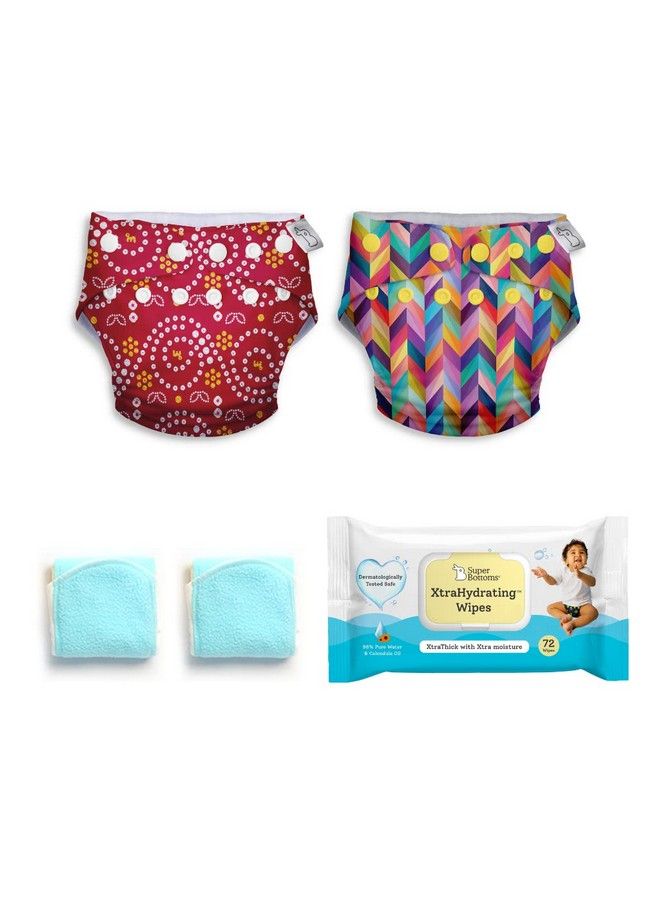 Superbottoms Pack Of 2 Cloth Diapers For Babies And Xtrahydrating™ Wipes72 Packfreesize Washable & Reusable Waterproof Adjustable Cloth Diaper For Babies From 517Kgs;Diaper With 2 Dry Feel Pad - Image 2