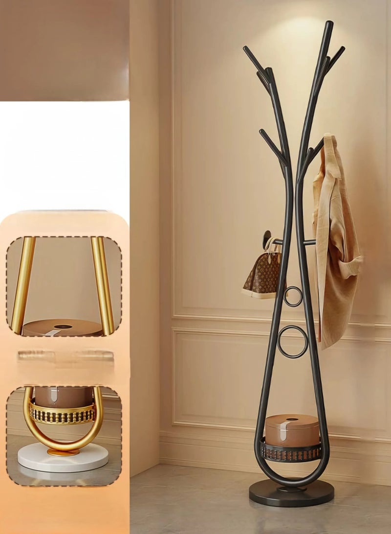 SHEE ONE Modern Sculptural Coat Rack by SHEE ONE | Rust-Resistant Metal Clothes & Coat Hanger with Multiple Hooks | Stable Round Base & Smart Bottom Storage | Ideal for Entryways & Small Rooms | Available in Multiple Elegant Colors | Dimensions: 172×30×30 cm | Black Color - Image 1