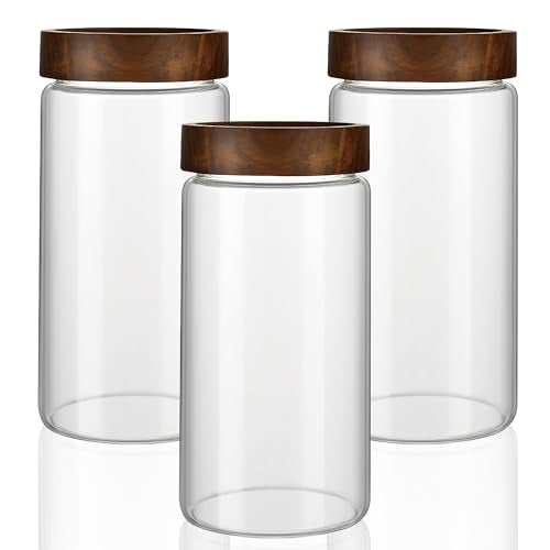 MOLADRI 3 Pack 40 fl oz/1200 ml Clear Glass Storage Canister with Airtight Wooden Screw On Lid, Large Tall Decorative Glass Container Jar Set for Coffee, Nut, Tea, Candy, Cookie, Cereal, Sugar, Flour - Image 1