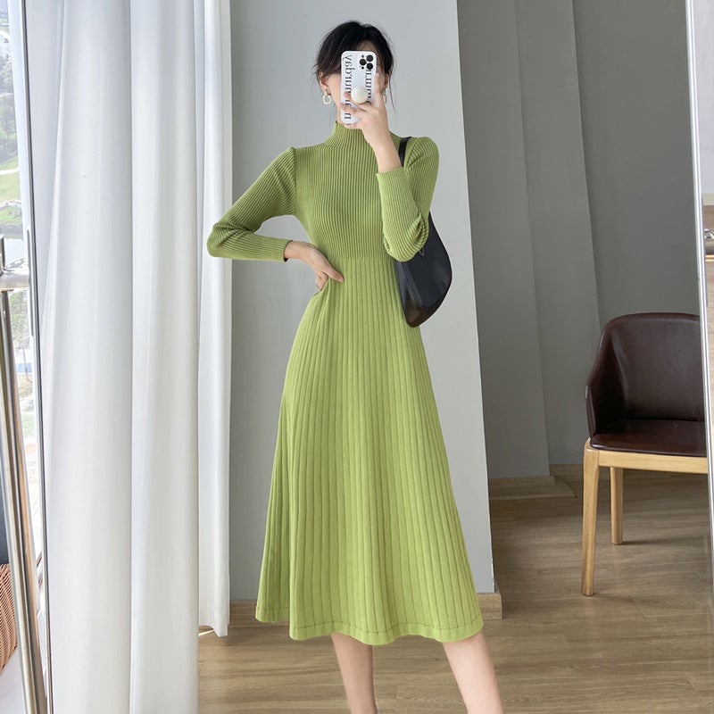 Autumn Winter Elegant Coat-Length Sweater Dress Green - Image 1