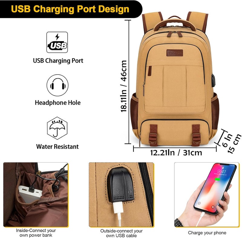 Tzowla Canvas Laptop Travel Backpack, Bag for Men Women, School Rucksack Fits 15.6-17.3"Laptop/Computer, Carry on Bookbag with USB Charging Port - Image 2