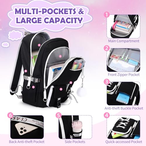 ACESAK Backpacks for Girls, Girls Backpack with Lunch Box and Pencil Case for Teen Kids Elementary Middle High School College Student, Children Backpack Bookbag with USB Charging Port (Black Pink with Chain) - Image 3