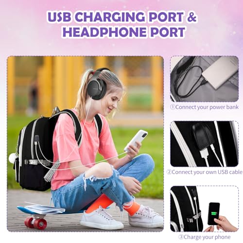 ACESAK Backpacks for Girls, Girls Backpack with Lunch Box and Pencil Case for Teen Kids Elementary Middle High School College Student, Children Backpack Bookbag with USB Charging Port (Black Pink with Chain) - Image 5