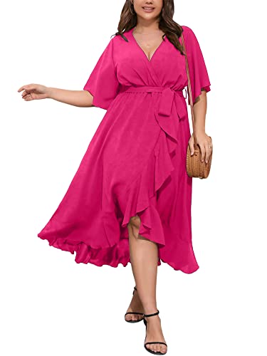 SCOMCHIC Women Plus Size Maxi Dress Short Sleeve Wrap V Neck High Low Split Ruffle Long Dress Hot Pink - Image 1