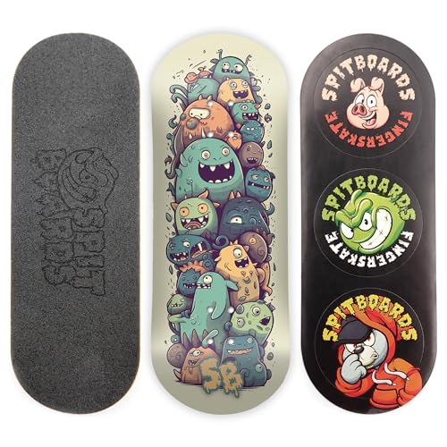 SPITBOARDS 34mm Fingerboard Deck Real Wood 5Layers Classic Popsicle Street Shape Size 34 x 96 mm Single Graphic Deck Real Wear Optimized Concave Monster Party - Image 1