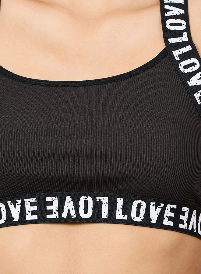 Styli Non Padded Non Wired Love Text Elastic Ribbed Crop Top & Bikini Set