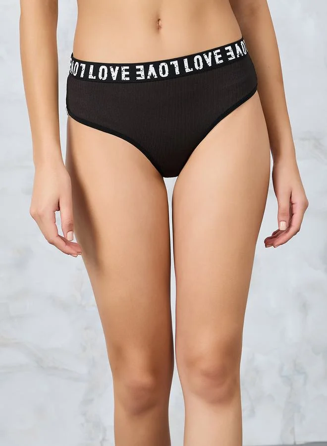 Styli Non Padded Non Wired Love Text Elastic Ribbed Crop Top & Bikini Set