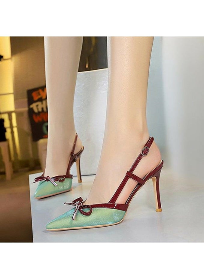 بيج تري مضخات إصبع القدم المغلقة للنساء الكعب العالي مع الديكور القوس الأخضر / الأحمر 9 سم - Image 4