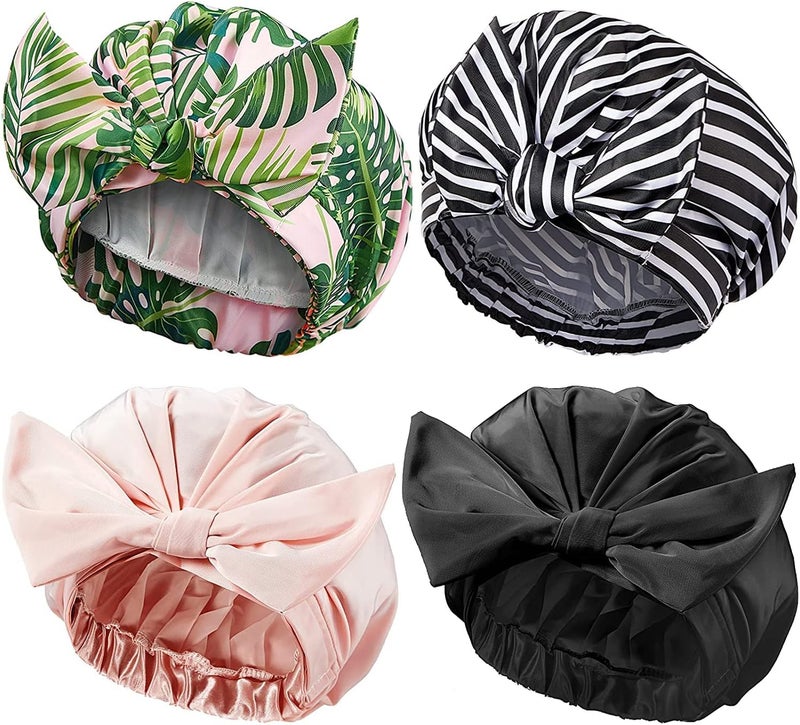 ChicAbode 4 Pcs Shower Caps for Women Girls, Waterproof Reusable Shower Hair Caps, Elastic Hem Shower Caps for Long, Short and Curly Hair, Fashion Bowknot Silky Satin Shower Hat(Dots Pattern, Chic Color) - Image 1