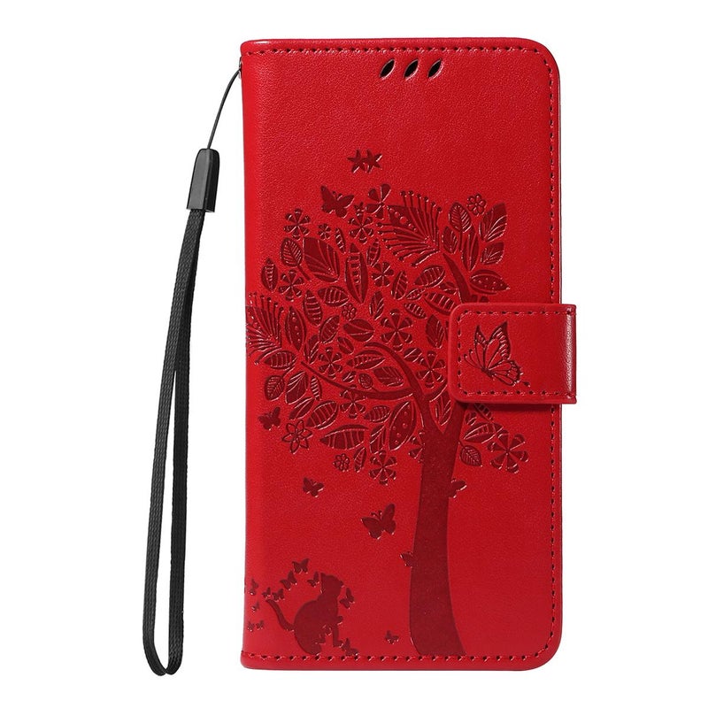 HuHa Case Cover For vivo V50 Lite 5G Global Tree & Cat Embossed Pattern Flip Leather Phone Case(Red) - Image 2