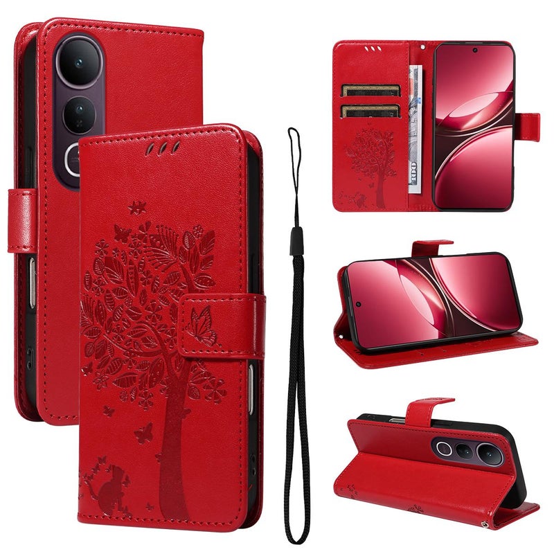 HuHa Case Cover For vivo V50 Lite 5G Global Tree & Cat Embossed Pattern Flip Leather Phone Case(Red) - Image 1