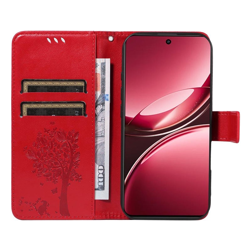 HuHa Case Cover For vivo V50 Lite 5G Global Tree & Cat Embossed Pattern Flip Leather Phone Case(Red) - Image 4