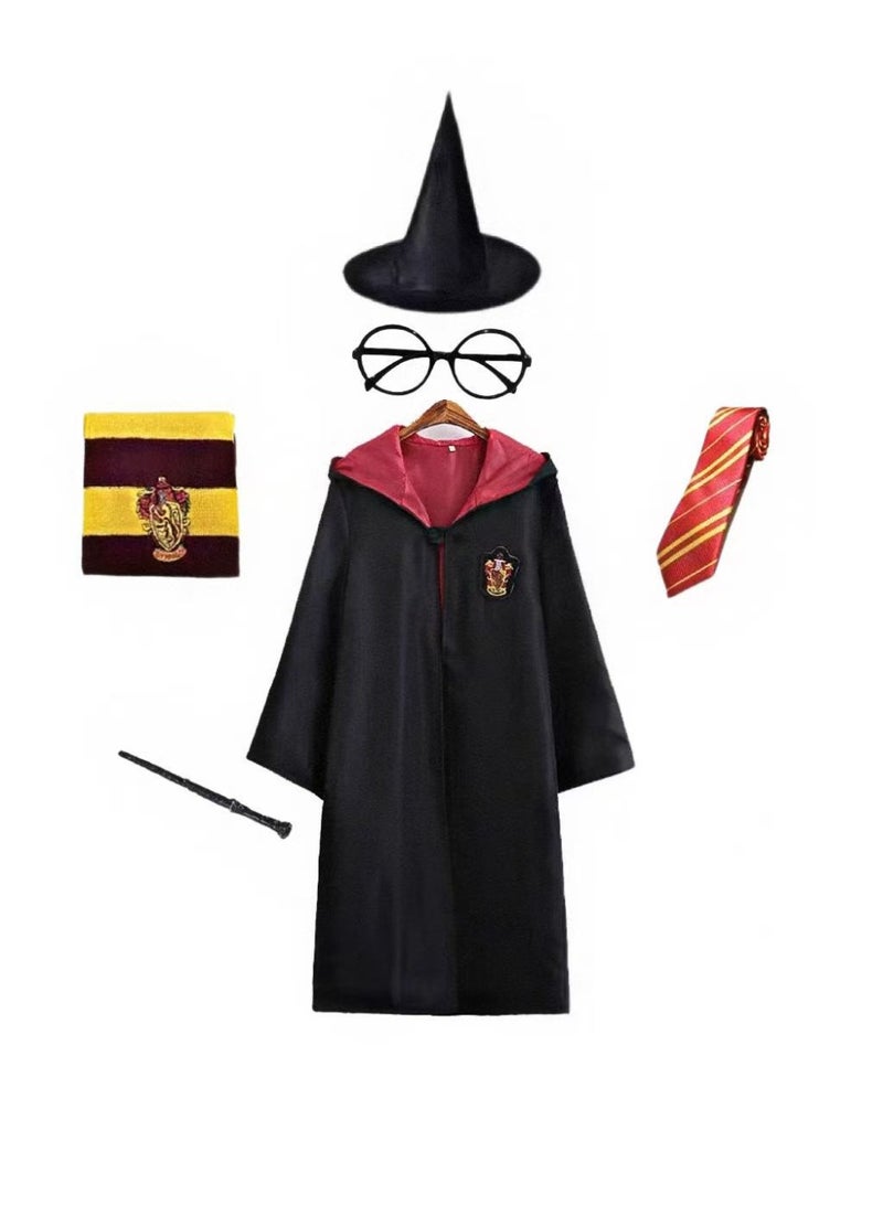 هاري بوتر الرسمي المرخص هوغوارتز زي كوسبلاي مجموعة 6 قطع (روب + عصا + وشاح + نظارات + قبعة الساحر + ربطة) | الأطفال والكبار مجموعة لعب الأدوار الساحر من نوع واحد لعيد الهالوين والحفلات الموضوعية - الحجم M - Image 2
