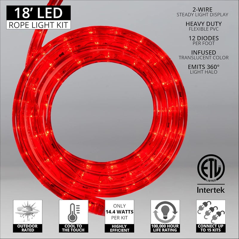 Wintergreen 18' LED Red Rope Light, Flexible Rope String Light Outdoor – Bedroom LED Light Rope, 120V, ½ Inch, 2-Wire – Rope Light Clips and Power Cord Included - Image 2