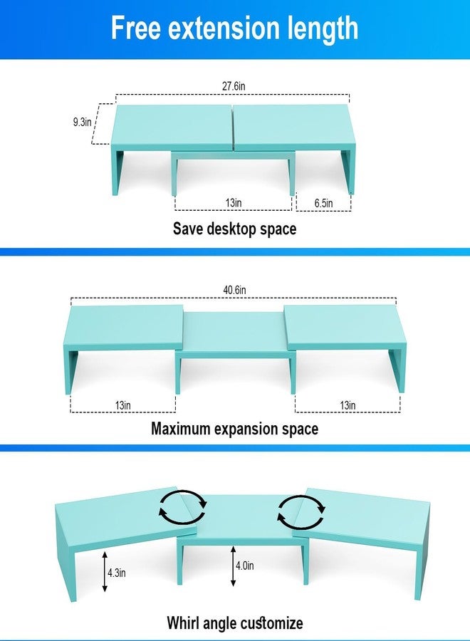 OUTIOE Dual Monitor Stand Riser with Smartphone Holder, Adjustable Length & Swivel Angle, Ergonomic Wooden Desktop Organizer for PC Monitor, Laptop, Printer, Large Storage, Blue - Image 4