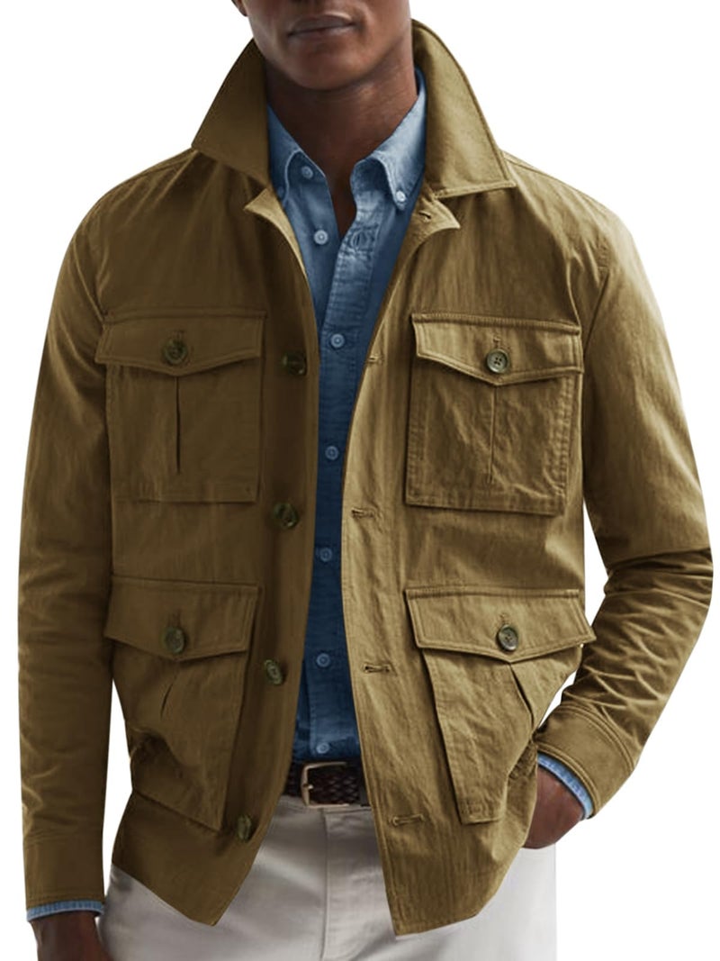 Runcati Mens Lightweight Safari Jacket Casual Button Up Jacket Windproof Work Coat with Pockets