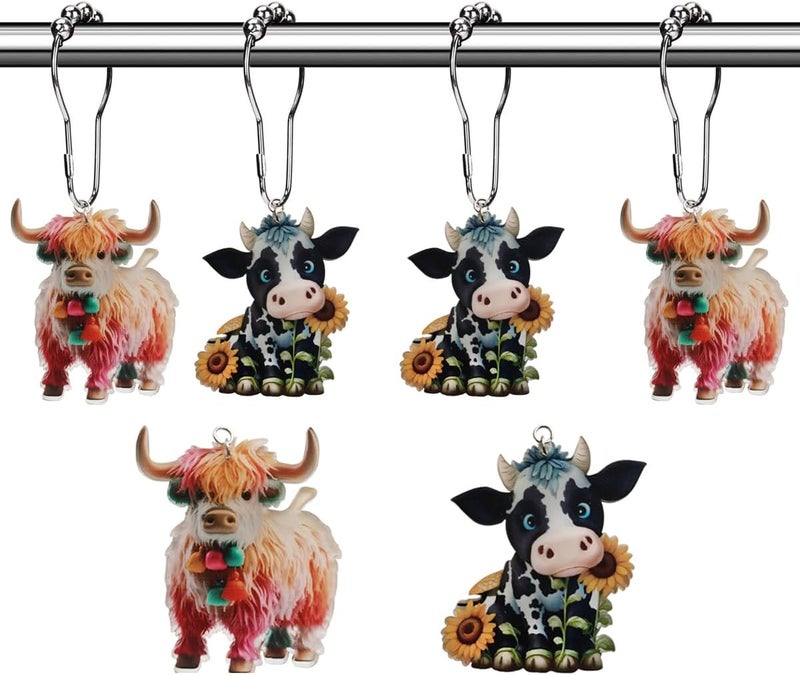 Aimoye Farm Cow Shower Curtain Hooks Rings - Metal Silver Shower Curtain Hooks Rust Proof, Shower Curtain Set Accessory, Chic Rustic Shower Curtain Hooks Hangers for Shower Curtain Rods - Image 1